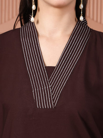 Coffee Brown Cotton Kurta Set with White Floral Applique and Mirror Work