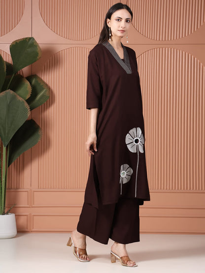Coffee Brown Cotton Kurta Set with White Floral Applique and Mirror Work