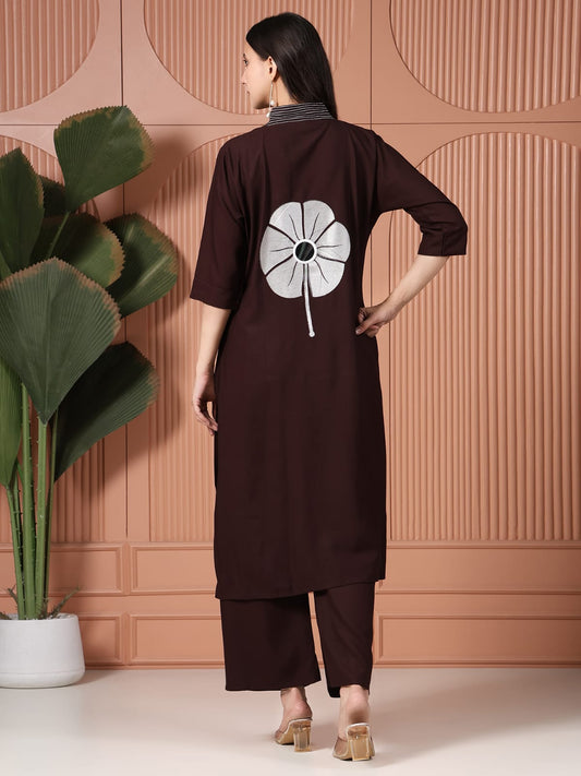 Coffee Brown Cotton Kurta Set with White Floral Applique and Mirror Work