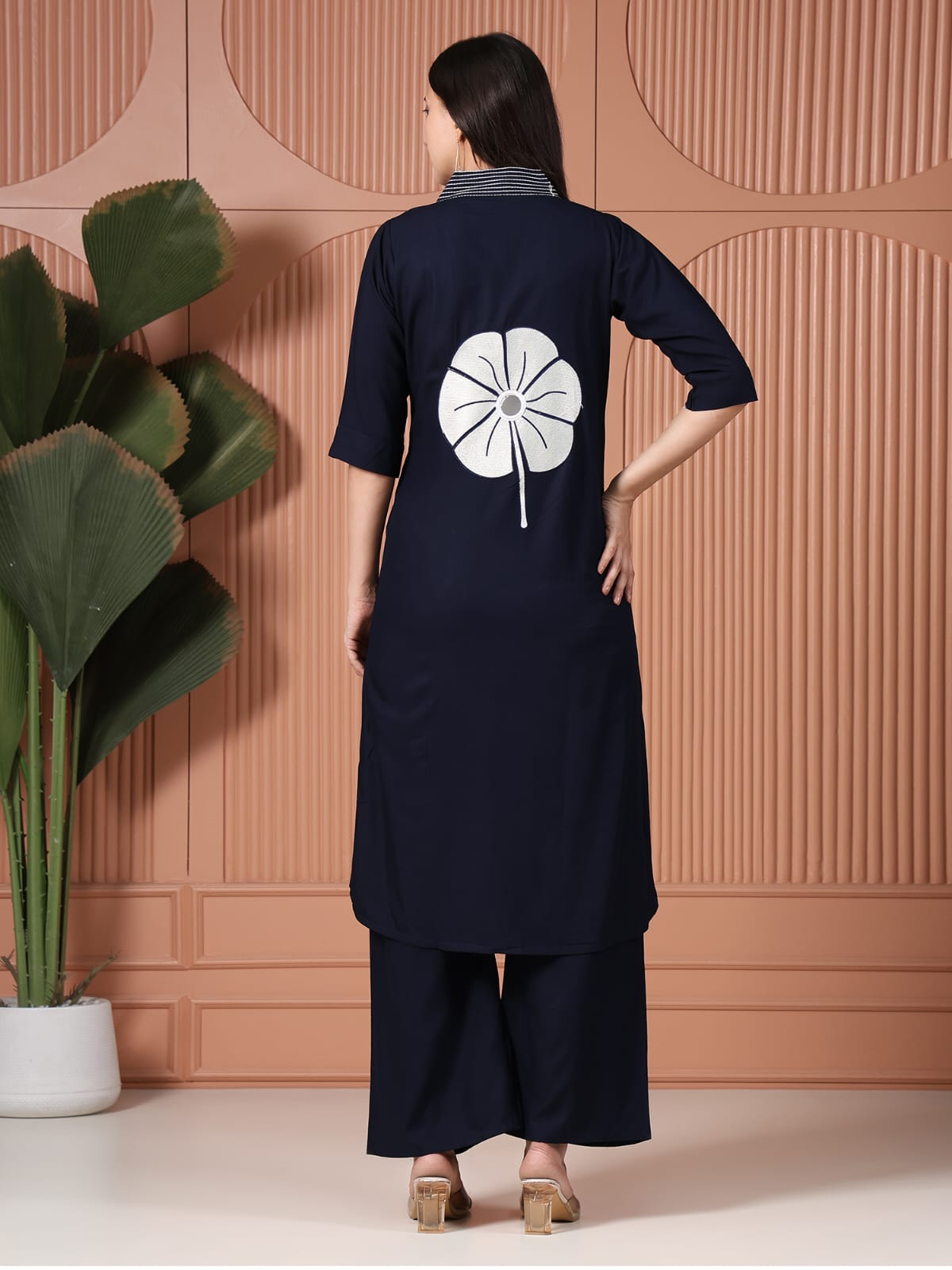 Navy Blue Cotton Kurta Set with White Floral Applique and Mirror Work