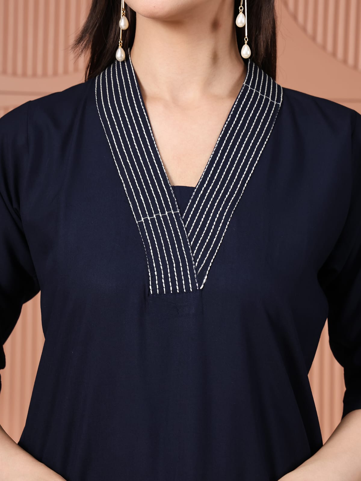 Navy Blue Cotton Kurta Set with White Floral Applique and Mirror Work