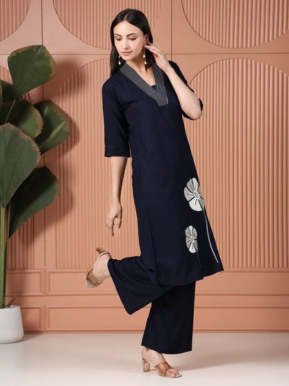 Navy Blue Cotton Kurta Set with White Floral Applique and Mirror Work