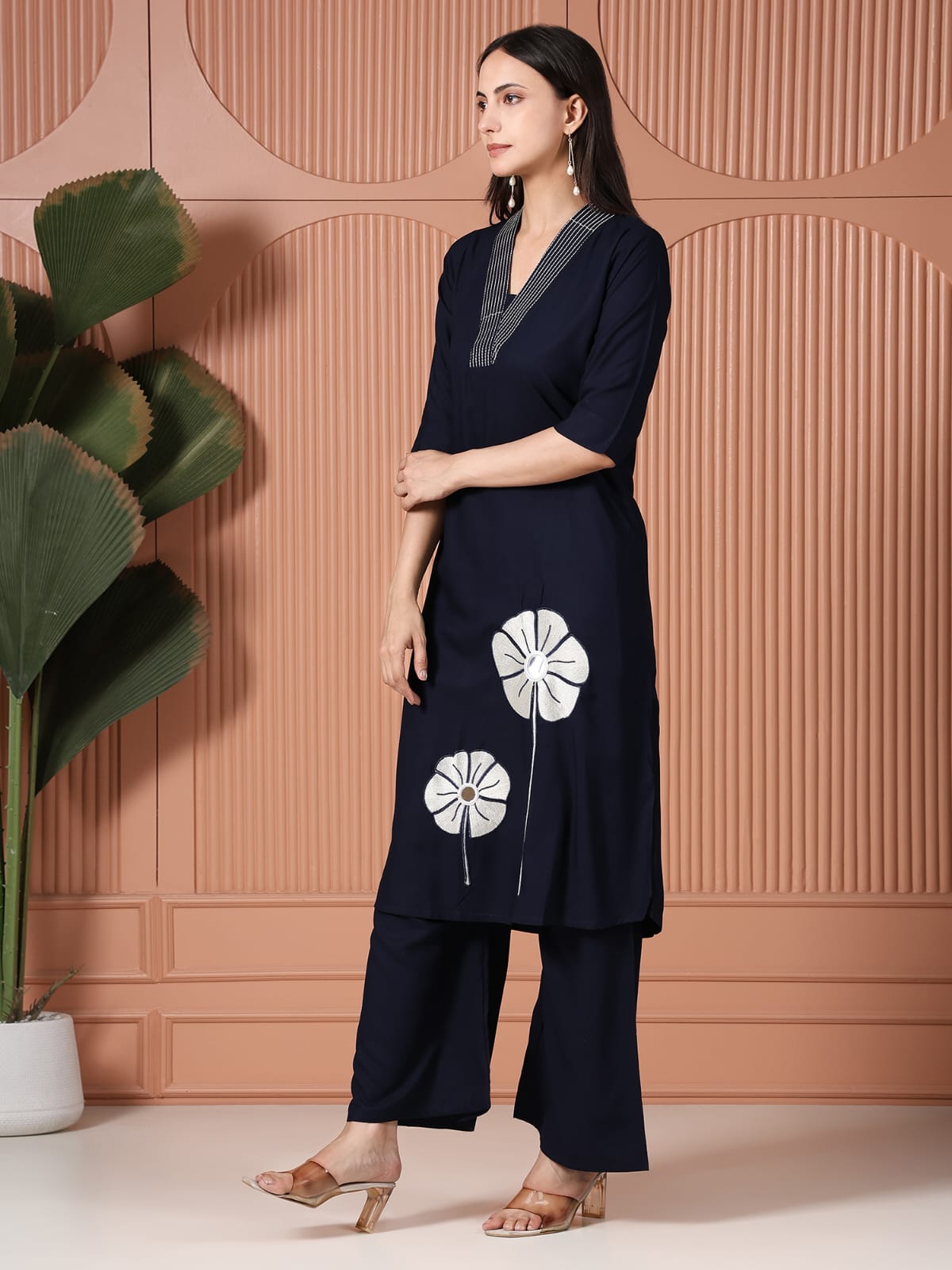 Navy Blue Cotton Kurta Set with White Floral Applique and Mirror Work