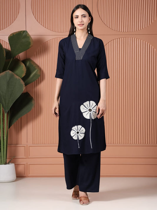 Navy Blue Cotton Kurta Set with White Floral Applique and Mirror Work