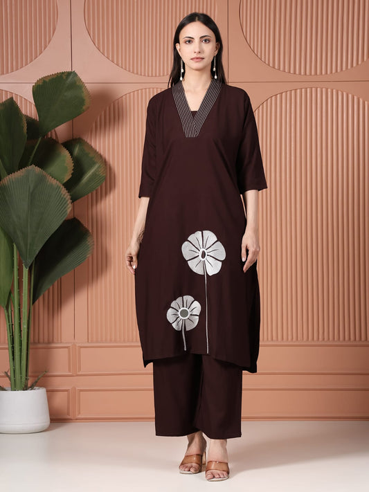 Coffee Brown Cotton Kurta Set with White Floral Applique and Mirror Work