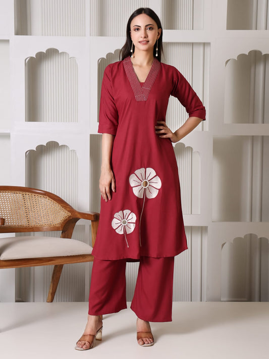 Maroon Cotton Kurta Set with White Floral Applique and Mirror Work