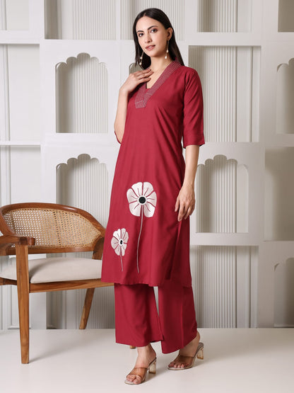 Maroon Cotton Kurta Set with White Floral Applique and Mirror Work