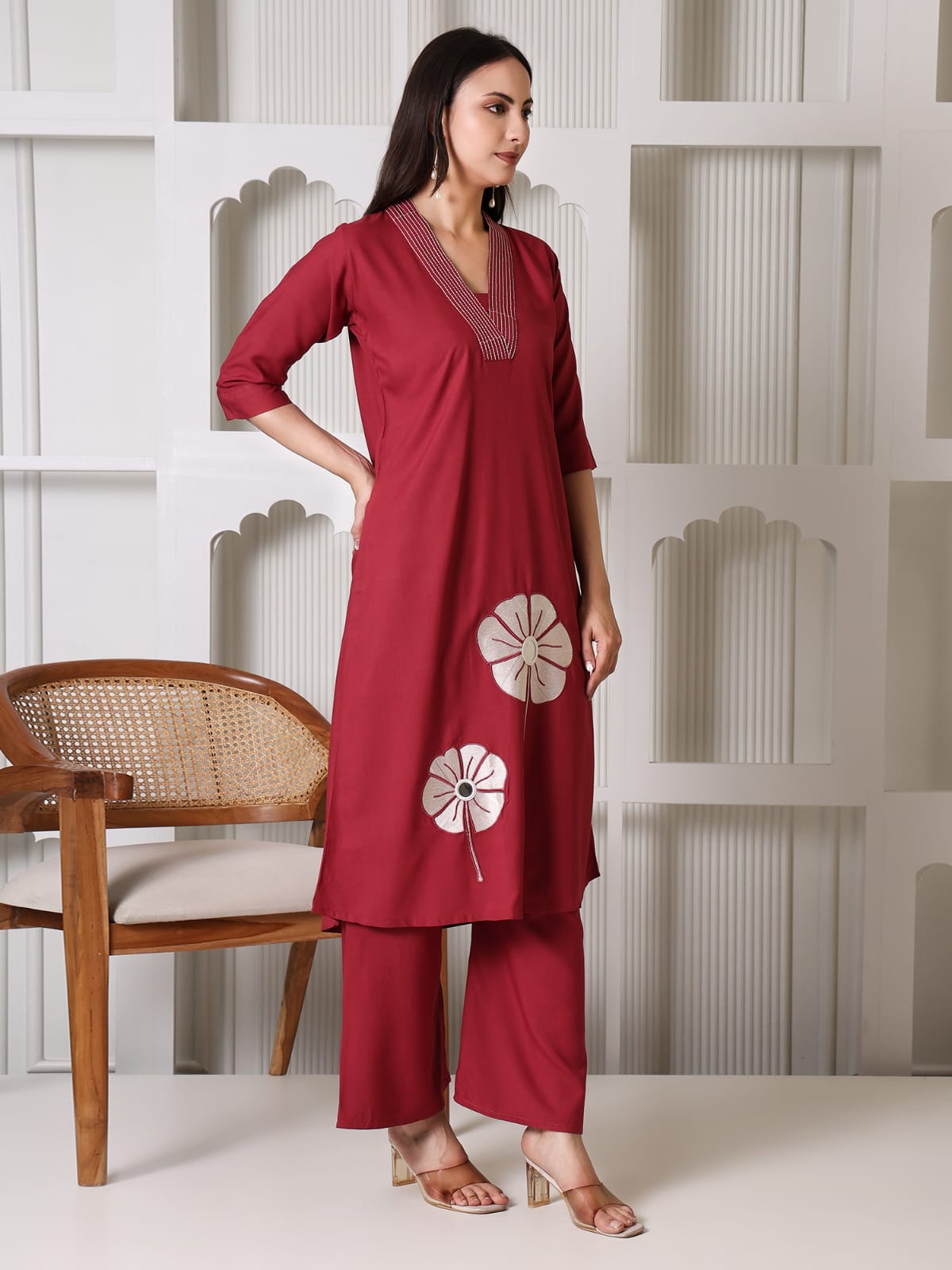 Maroon Cotton Kurta Set with White Floral Applique and Mirror Work