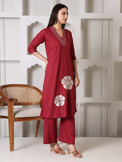 Maroon Cotton Kurta Set with White Floral Applique and Mirror Work