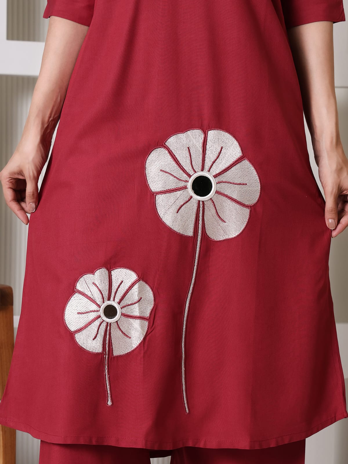 Maroon Cotton Kurta Set with White Floral Applique and Mirror Work