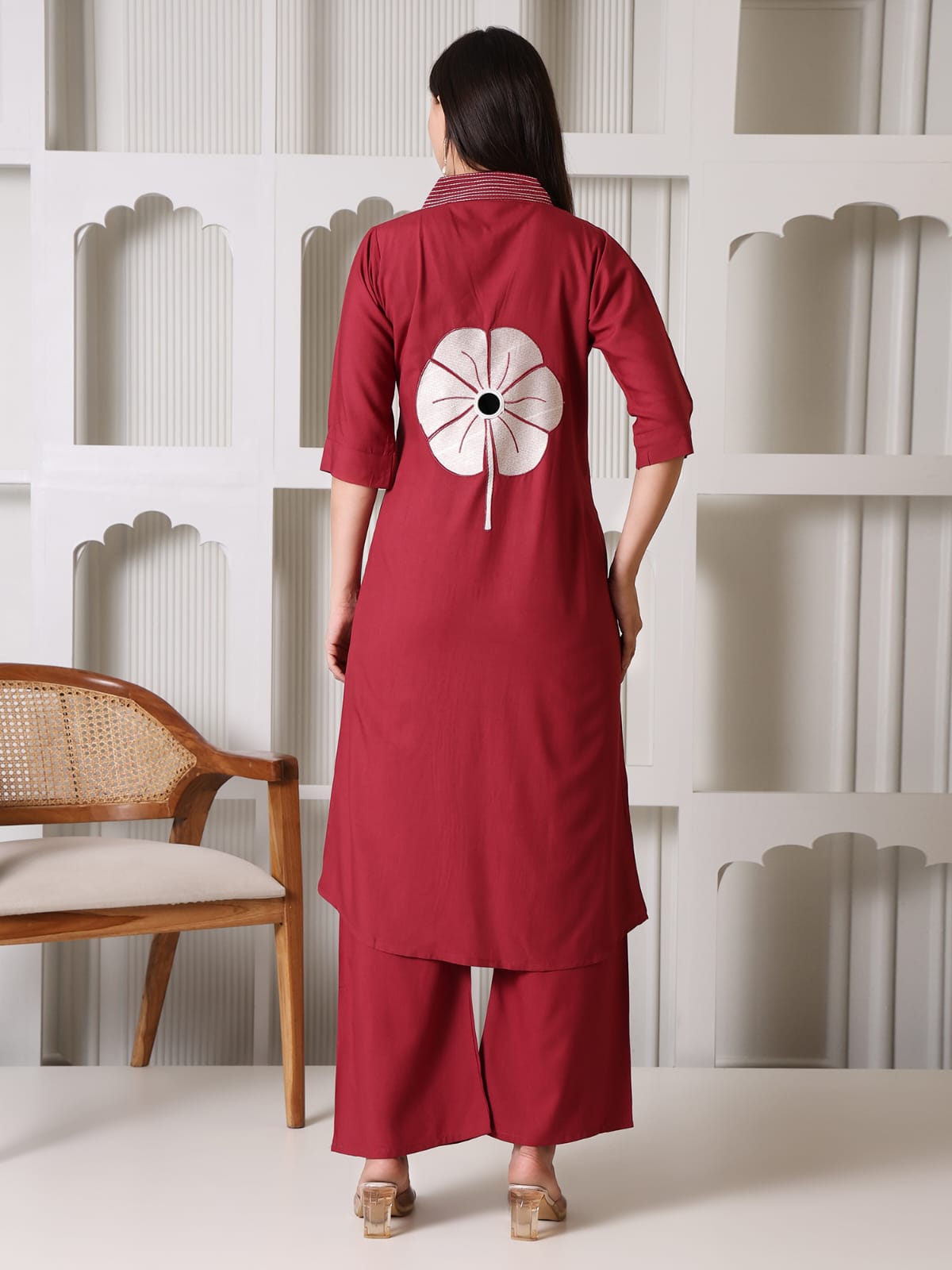 Maroon Cotton Kurta Set with White Floral Applique and Mirror Work