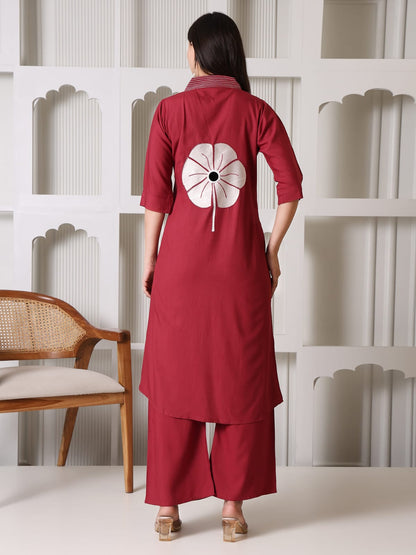 Maroon Cotton Kurta Set with White Floral Applique and Mirror Work