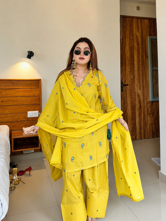 Premium Yellow Cotton Embroidered Kurti Set with Salwar Palazzo and Dupatta