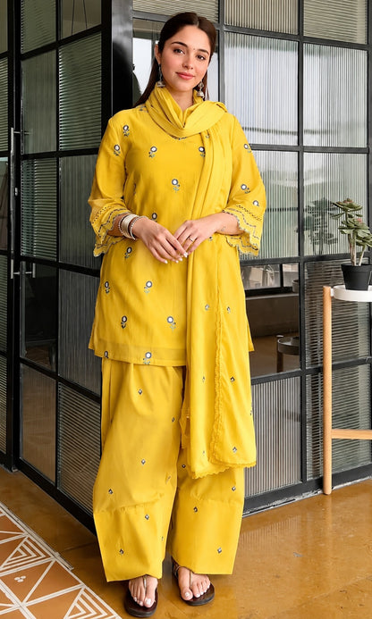 Premium Yellow Cotton Embroidered Kurti Set with Salwar Palazzo and Dupatta