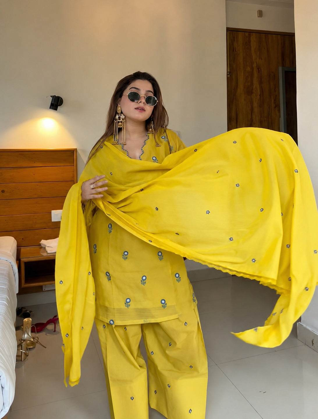 Premium Yellow Cotton Embroidered Kurti Set with Salwar Palazzo and Dupatta