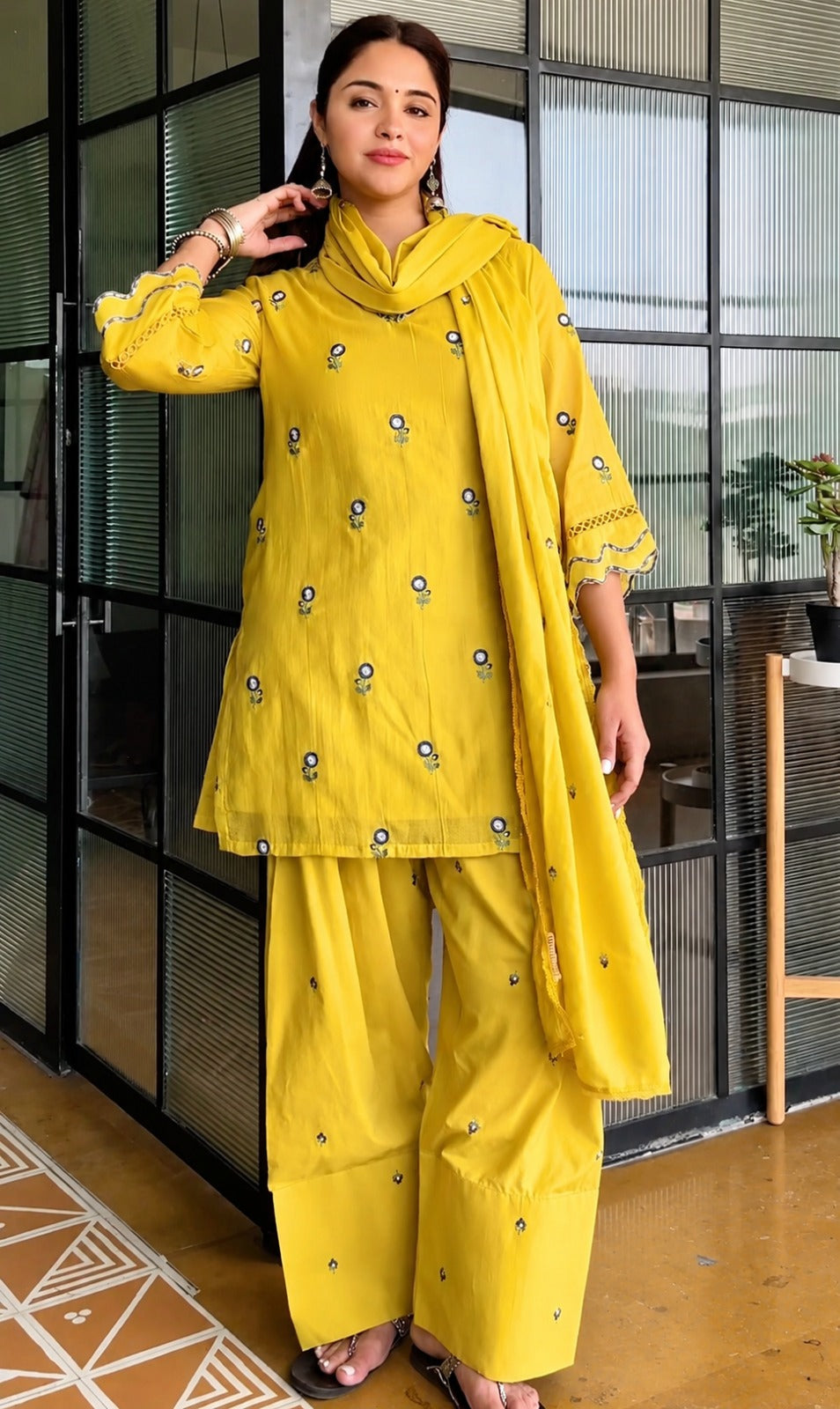 Premium Yellow Cotton Embroidered Kurti Set with Salwar Palazzo and Dupatta