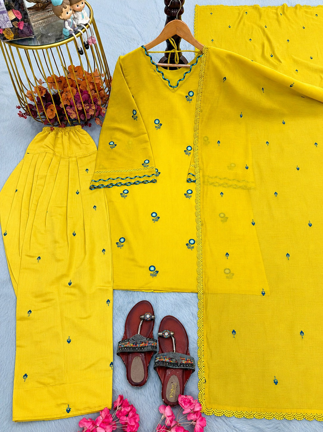 Premium Yellow Cotton Embroidered Kurti Set with Salwar Palazzo and Dupatta