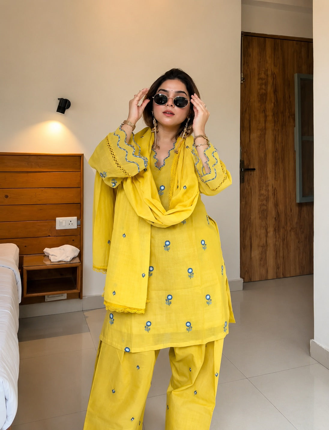 Premium Yellow Cotton Embroidered Kurti Set with Salwar Palazzo and Dupatta