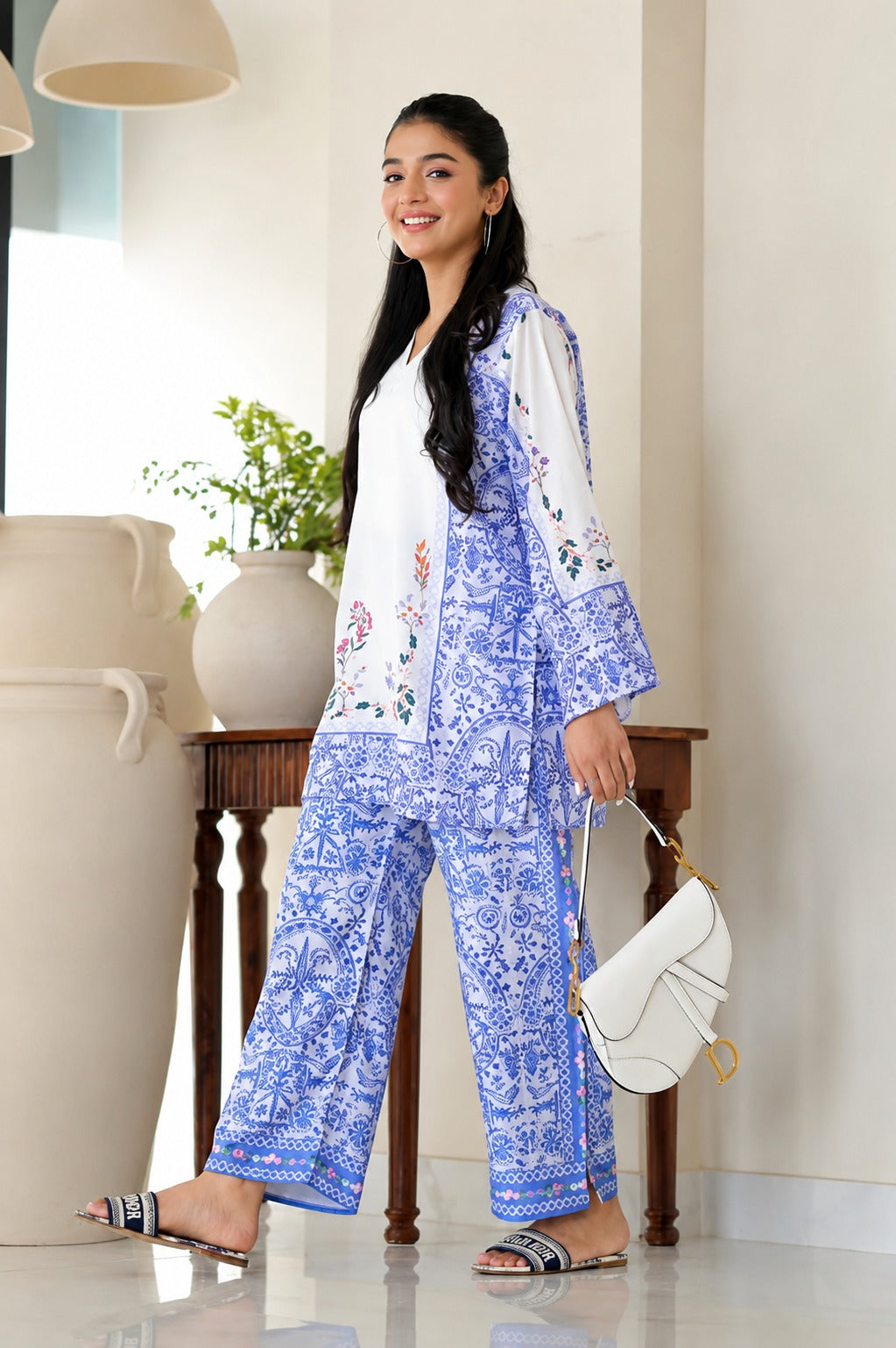 Premium Blue and White Printed Co-ord Set with Wide Leg Trousers