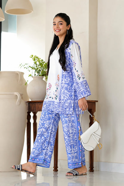Premium Blue and White Printed Co-ord Set with Wide Leg Trousers