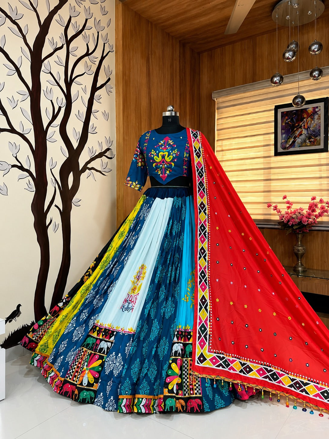 Multi Color Patchwork Cotton Lehenga Choli Set with Embroidered Blouse and Dupatta