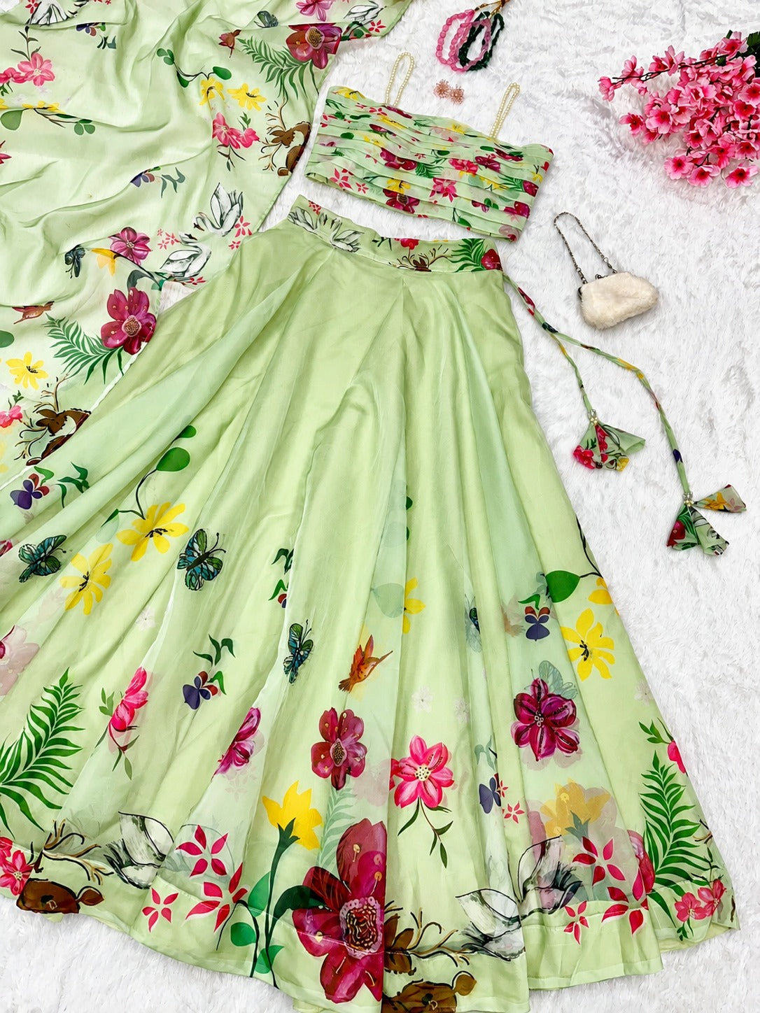 Mint Green Floral Print Organza Lehenga Choli Set with Pleated Blouse