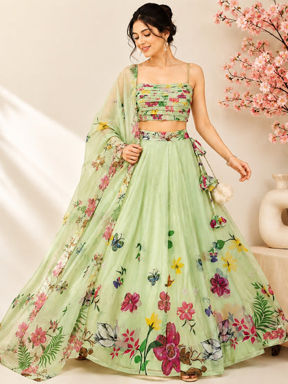 Mint Green Floral Print Organza Lehenga Choli Set with Pleated Blouse