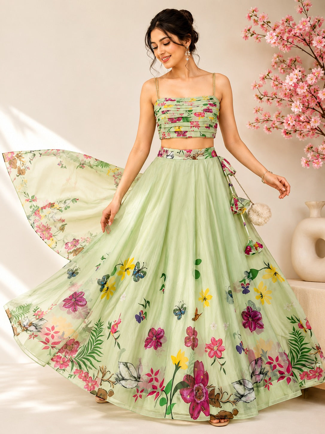 Mint Green Floral Print Organza Lehenga Choli Set with Pleated Blouse
