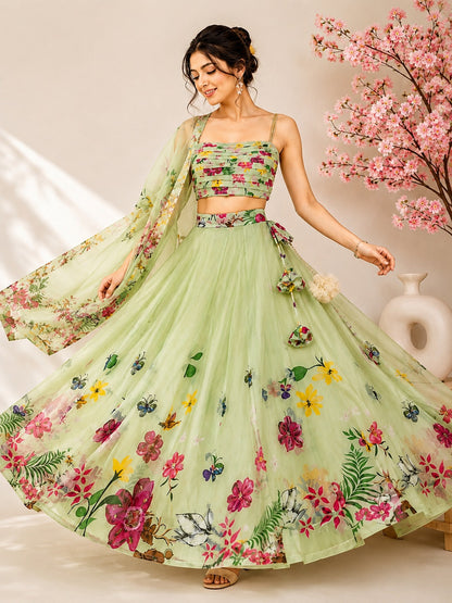 Mint Green Floral Print Organza Lehenga Choli Set with Pleated Blouse