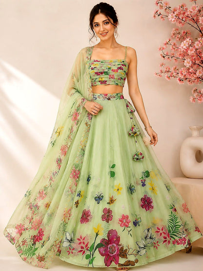 Mint Green Floral Print Organza Lehenga Choli Set with Pleated Blouse