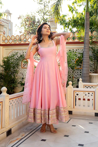 Pastel Pink Flared Anarkali Suit Set with Embellished Net Dupatta