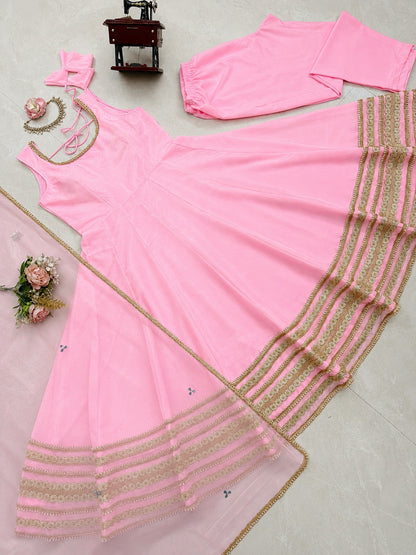 Pastel Pink Flared Anarkali Suit Set with Embellished Net Dupatta