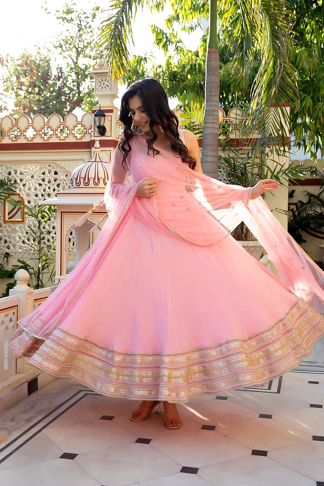 Pastel Pink Flared Anarkali Suit Set with Embellished Net Dupatta