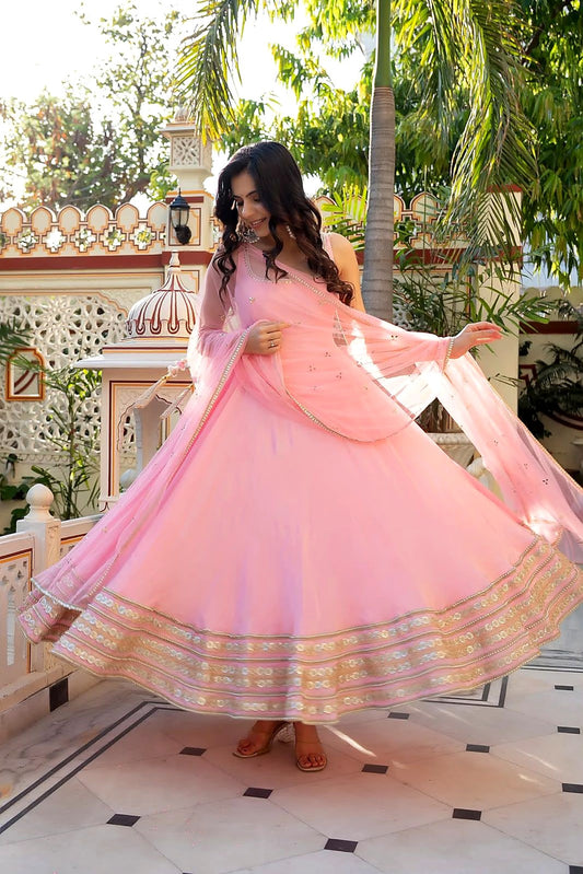 Pastel Pink Flared Anarkali Suit Set with Embellished Net Dupatta