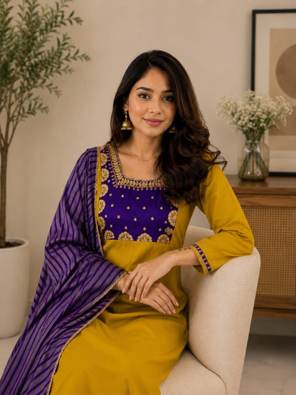 Mustard Yellow Cotton Kurta Set with Purple Embroidered Yoke and Striped Dupatta