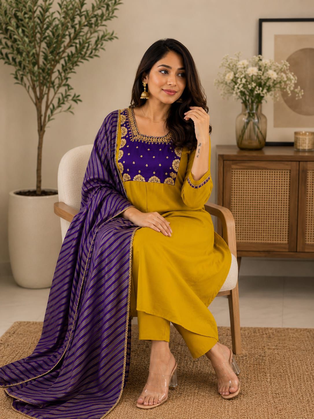Mustard Yellow Cotton Kurta Set with Purple Embroidered Yoke and Striped Dupatta