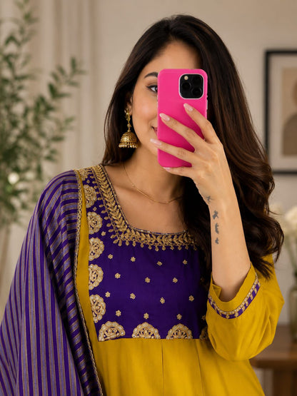 Mustard Yellow Cotton Kurta Set with Purple Embroidered Yoke and Striped Dupatta