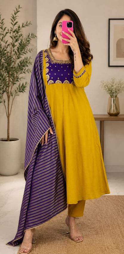 Mustard Yellow Cotton Kurta Set with Purple Embroidered Yoke and Striped Dupatta