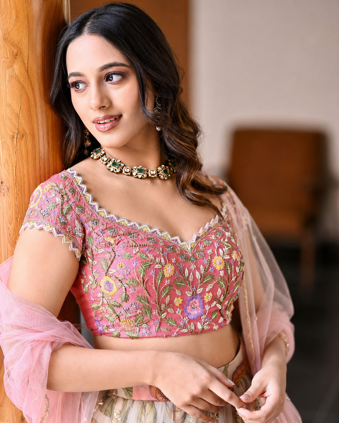 Pastel Pink Floral Print Organza Lehenga Choli Set with Embroidered Blouse