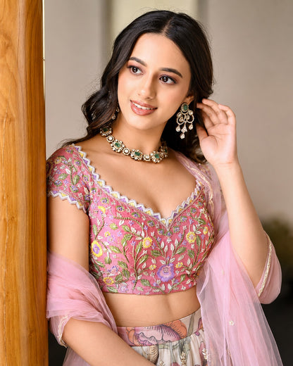 Pastel Pink Floral Print Organza Lehenga Choli Set with Embroidered Blouse