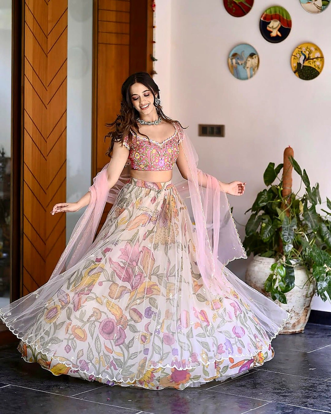 Pastel Pink Floral Print Organza Lehenga Choli Set with Embroidered Blouse