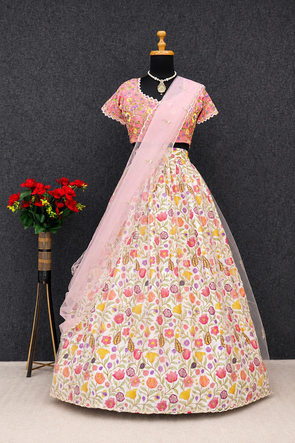 Pastel Pink Floral Print Organza Lehenga Choli Set with Embroidered Blouse