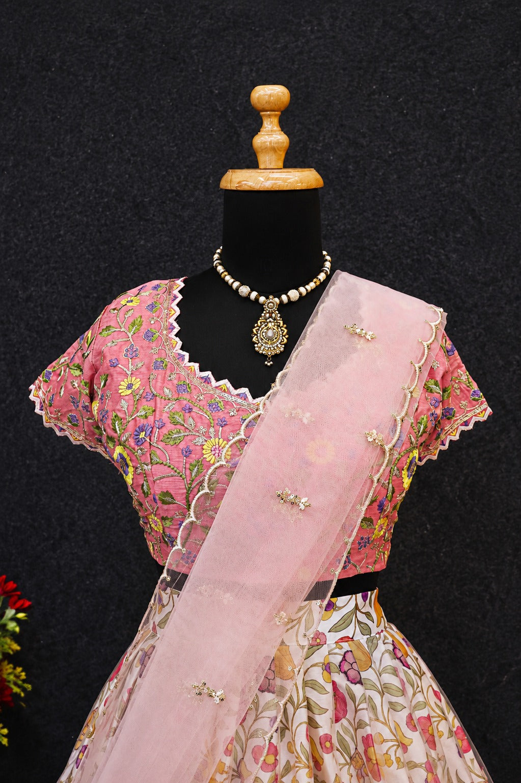 Pastel Pink Floral Print Organza Lehenga Choli Set with Embroidered Blouse