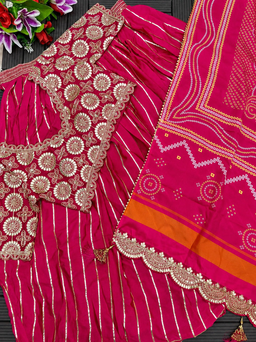 Royal Pink and Ivory Silk Lehenga Choli Set with Heavy Bandhani Dupatta