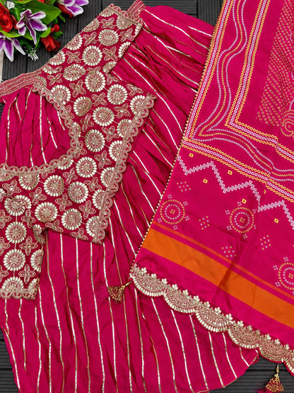 Royal Pink and Ivory Silk Lehenga Choli Set with Heavy Bandhani Dupatta