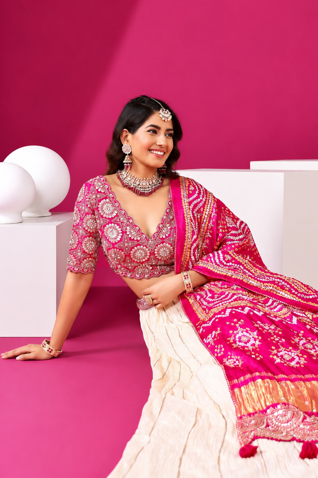 Royal Pink and Ivory Silk Lehenga Choli Set with Heavy Bandhani Dupatta