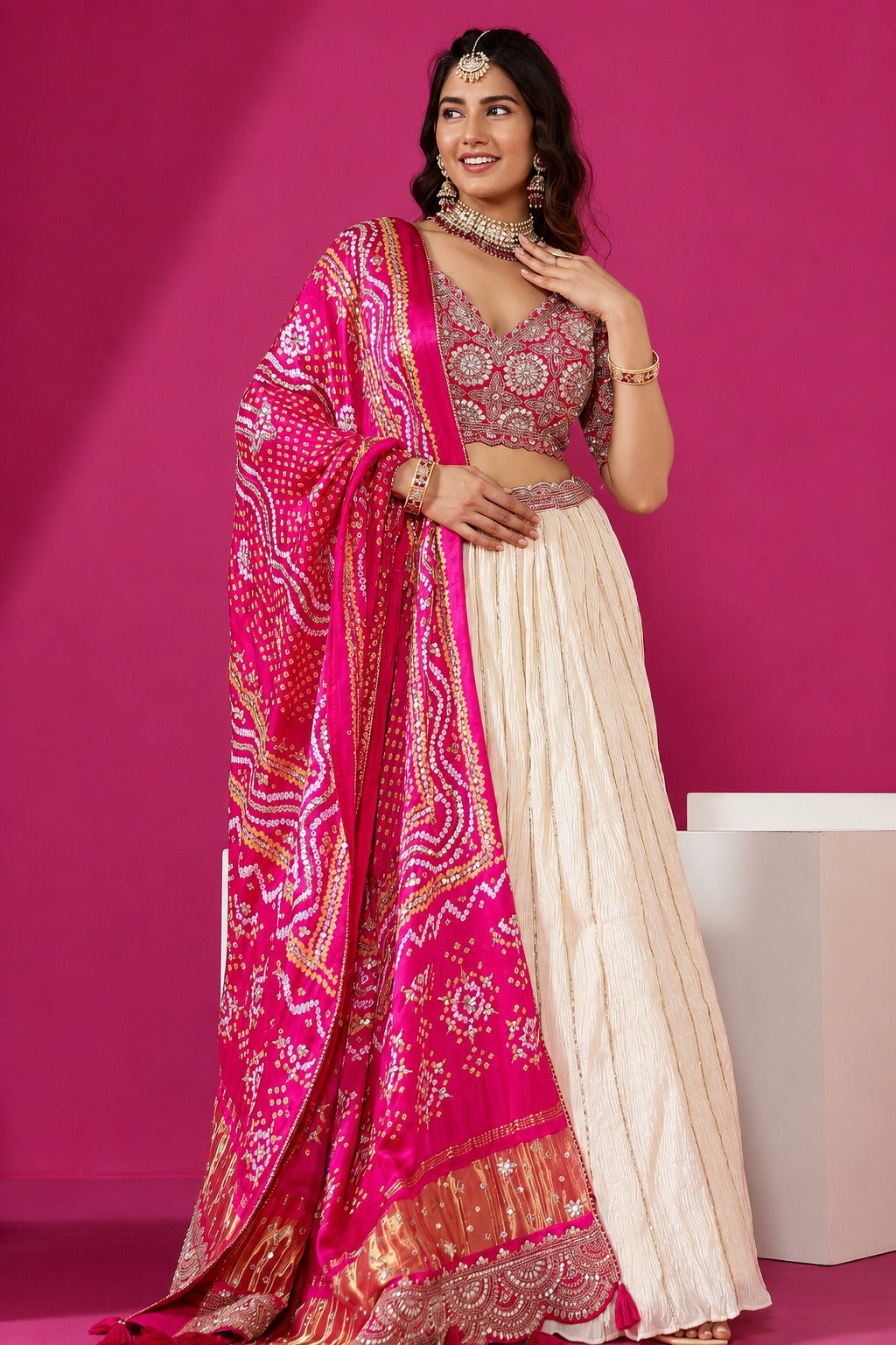 Royal Pink and Ivory Silk Lehenga Choli Set with Heavy Bandhani Dupatta