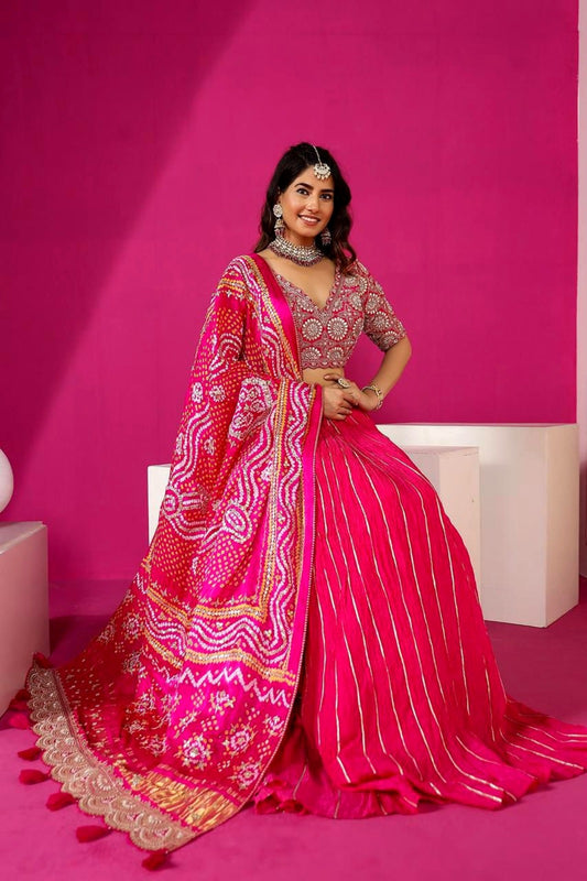 Royal Pink and Ivory Silk Lehenga Choli Set with Heavy Bandhani Dupatta