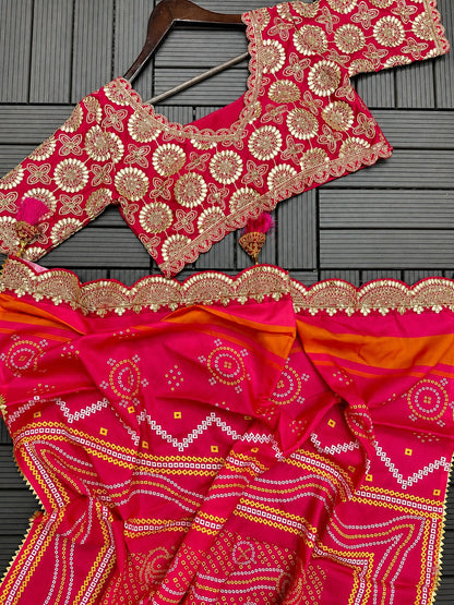 Royal Pink and Ivory Silk Lehenga Choli Set with Heavy Bandhani Dupatta