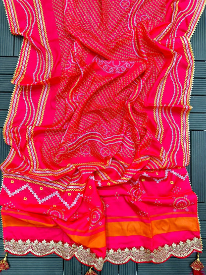 Royal Pink and Ivory Silk Lehenga Choli Set with Heavy Bandhani Dupatta